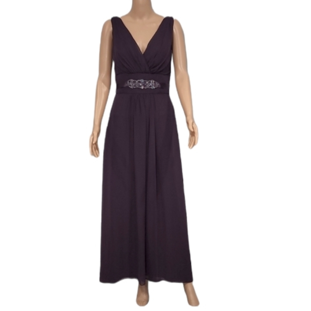 LAZARO DARK PURPLE V NECK SLEEVELESS MAXI DRESS COCKTAIL/PARTY SIZE 14